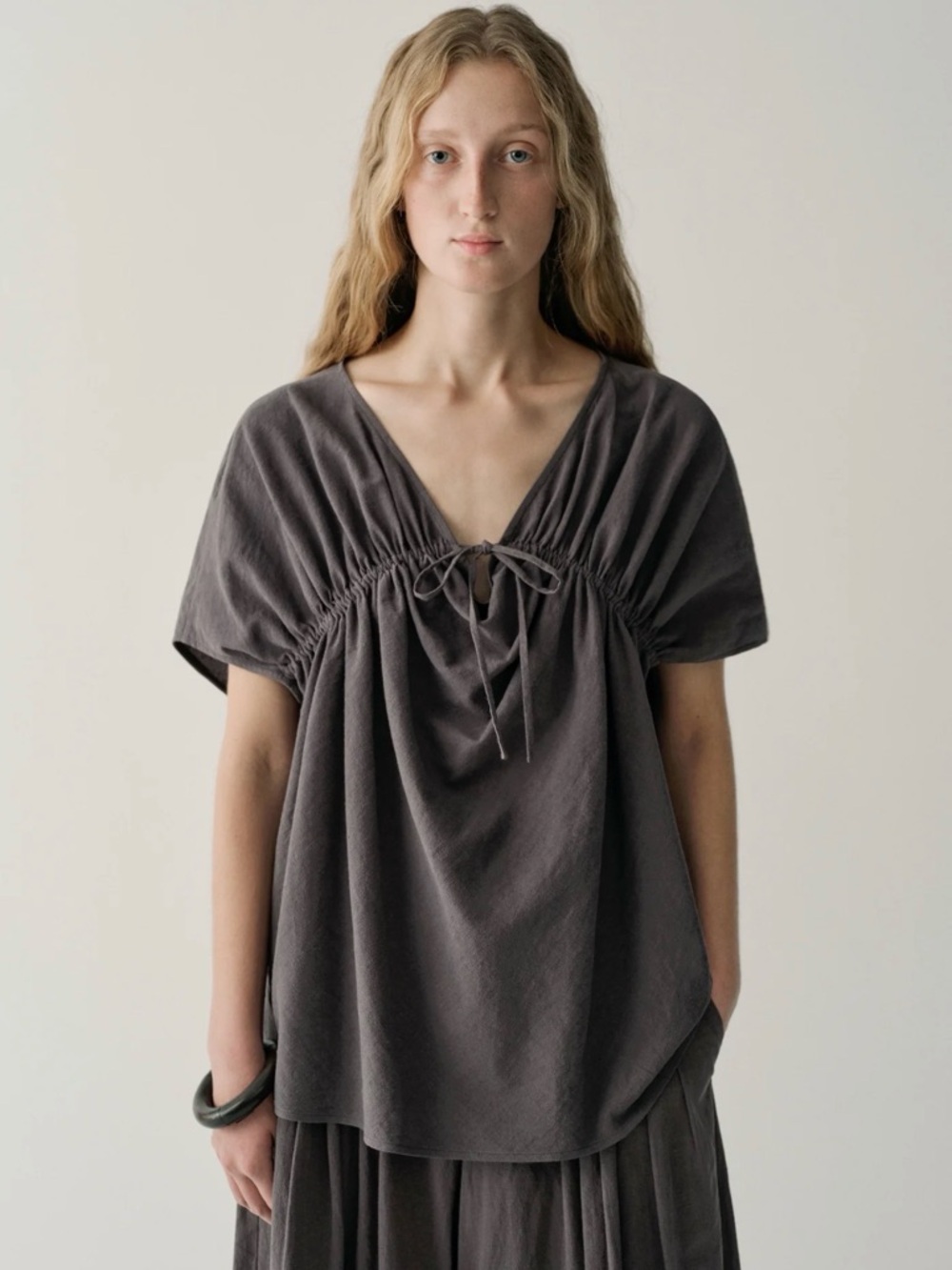 Gathered V-Neck Short Sleeve Blouse